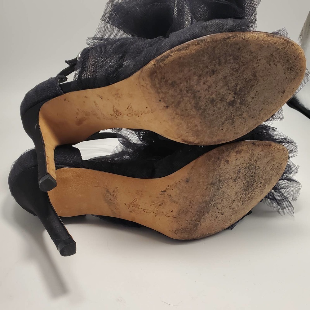 Isa Tapia Gigi Black Satin Tulle Oversized Bow Sandals Pumps Romantic, sz 37 - Picture 10 of 12